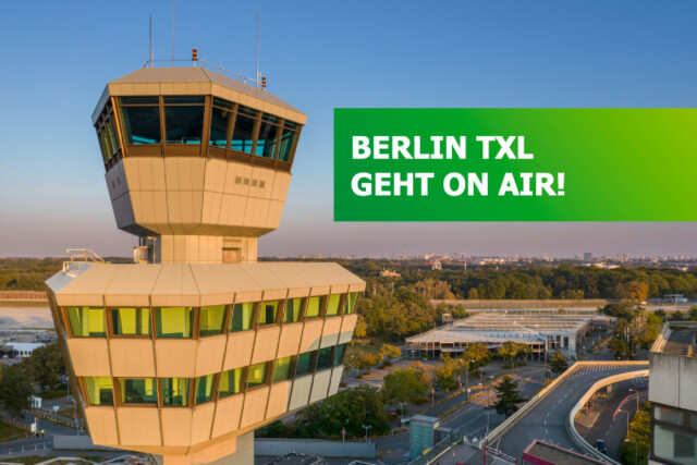 Foto vom Tegel Tower mit dem Text daneben: Berlin TXL geht on air!